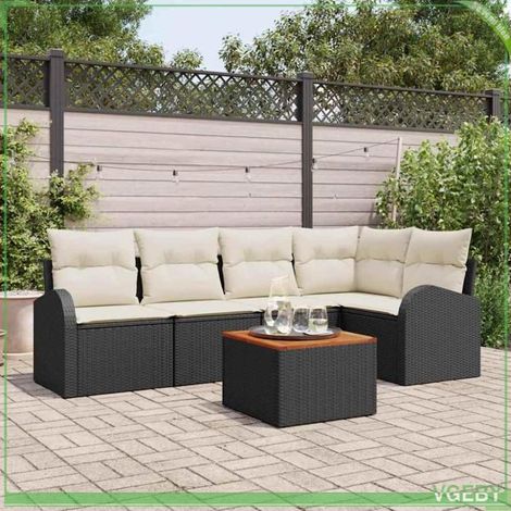 Ensemble canapé de jardin 6 pcs - FAFEICY - Modulaire - Noir et Crème - Rattan PE & acacia - Rangement intégré (1/5)