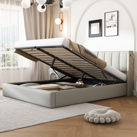 Lit rembourré 140 x 190 cm en PU gris avec LED, USB et rangement sous le lit (1/5)