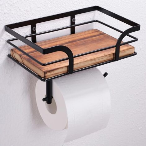 NALOOKAMIC Porte-papier toilette avec étagère, boîte à lingettes humides - Support en bois - Porte-rouleau de papier avec perçage - Montage mural pour salle de bain