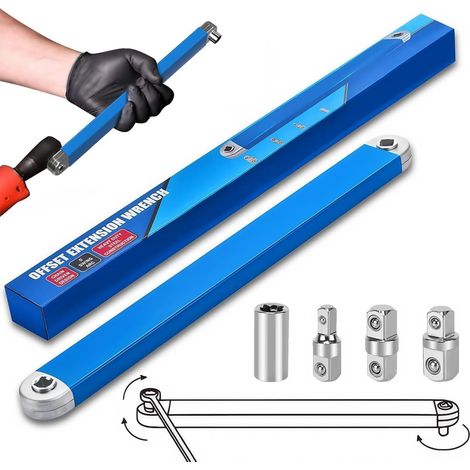 Clés à Douille à Rallonge Décalée, Cle Plate a Cliquet, Barre D'extension à Cliquet,Avec Adaptateurs Carrés de 1/2", 1/4" et 3/8",Douille D'entraînement, Clé à Espace Restreint (1/5)