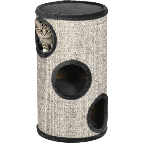 Arbre à chat à trois étages en sisal avec revêtement en peluche, Ø 38 x 70 cm, gris clair
