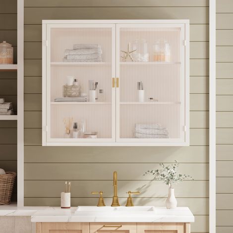 Armario de pared moderno de 70 cm con dos puertas, cristal transparente blanco y tres niveles de almacenamiento para recibidor, salón, baño o comedor (Mismo SKU: W2552P167025) (1/5)