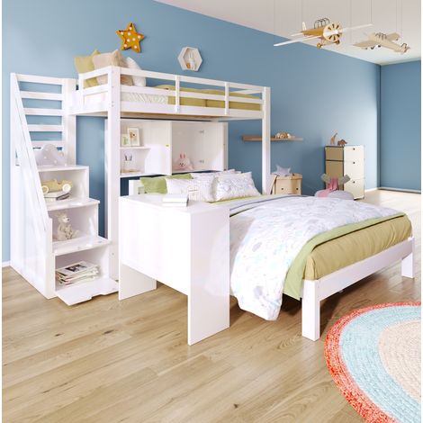 Lit superposé en bois massif et MDF blanc 90x200 / 140x200 cm avec escalier de rangement et table d'appoint mobile (1/5)