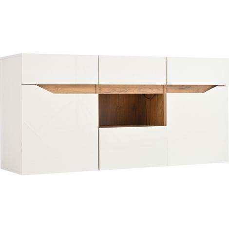 Credenza soggiorno 140 x 40 x 70 cm con 4 cassetti e 2 ante, bianco effetto legno con LED, MODENUIT (1/5)