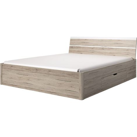 Cama adulto 160x200 con cajones integrados - Colección EOS. Color roble claro y blanco