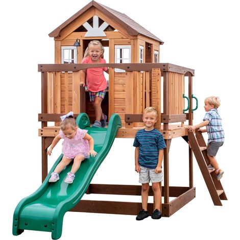 Cabane de jardin pour enfant en bois de cèdre – Avec cuisine et toboggan – Accès facile grâce à l'échelle large – Design compact – Backyard Discovery