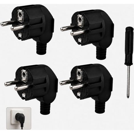 Lot de 4 Fiche Coudée IP44 250V 16A Prises Mâles Coudées avec Terre, Fiche 250V Électrique à Vis sans Soudure, Fiche Electrique Male Type F avec Capuchon Anti-Traction pour Câbles et Rallonges (1/5)