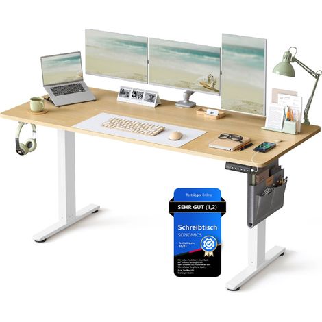Bureau électrique assis-debout réglable en hauteur 70 x 160 x 72-120 cm avec pochette de rangement style contemporain en aggloméré doré chêne (1/2)