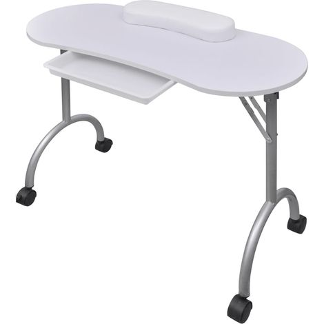 Table de manucure pliante à roulettes, blanche