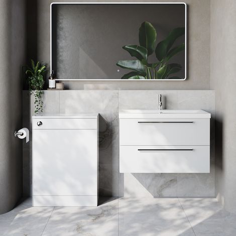 Napoli 390 Cento Gloss White 1400mm Wall Mounted 2 Drawer Vanity Unit and Toilet Suite with Glide Basin - 1400mm - Chrome 480mm HandleWithout Kingston Toilet Pan
