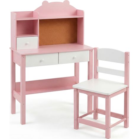 COSTWAY Kids Study Desk and Chair Set with Hutch Drawers and Bulletin Board Pink (1/5)