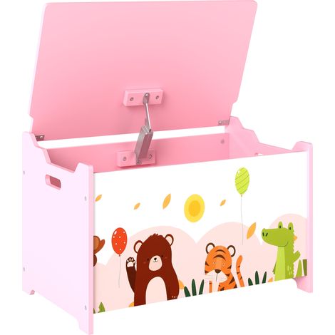 Baule Portagiochi per Bambini Tema Animali 60x37x39 cm con Cerniere di Sicurezza in Legno Rosa