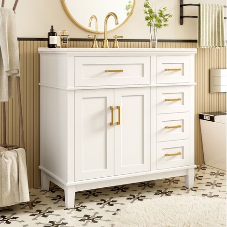 Meuble sous vasque de salle de bain 90x46x87 cm avec vasque en céramique, 5 tiroirs et 2 portes, blanc et or (1/5)