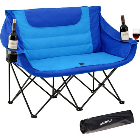 Relaxdays Folding Double Camping Chair, carrying bag, drink & wine holder, 272 kg, polyester & metal, blue