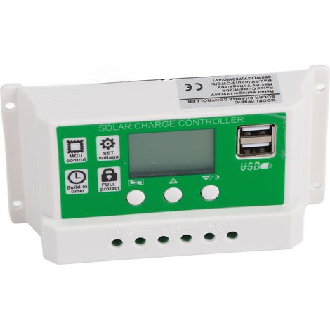 Régulateur de charge solaire PWM 30A, écran LCD, 12V/24V automatique, double port USB, contrôleur de décharge pour batterie lithium, câble photovoltaïque inclus. (1/5)
