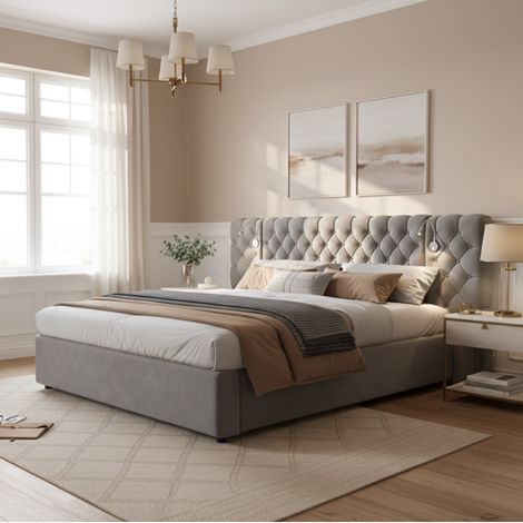 MEUBLIV Cama 160x200 cm gris – almacenamiento hidráulico, cabecero LED, sin colchón (1/5)