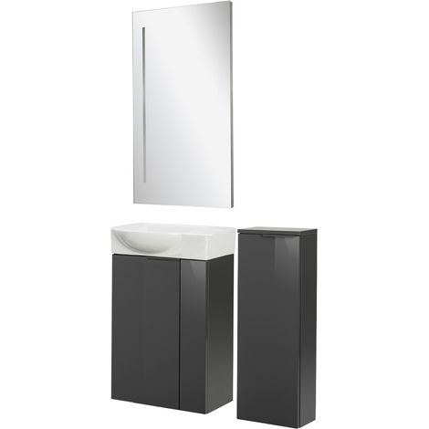 Fackelmann SBC LUNA Gäste WC Set 4-teilig 45 cm, Anthrazit, Keramik rechts, Spiegel+Midischrank slim"-"90276145 (1/4)