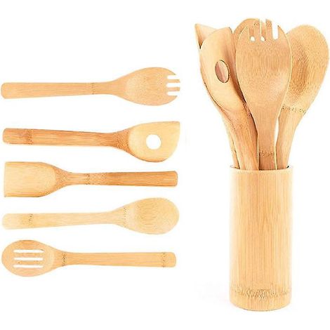 5-teiliges Küchenhelfer-Set aus Holz für antihaftbeschichtetes Kochen, komplettes Zubehörset, Bambuslöffel (30 cm), Pfannenwender, Wender, ungiftig (1/5)