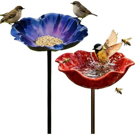 Mangeoire à oiseaux extérieure (JAUNE) avec abreuvoir intégré, bassin pour oiseaux, piquet de jardin en métal fait main pour oiseaux. (1/5)