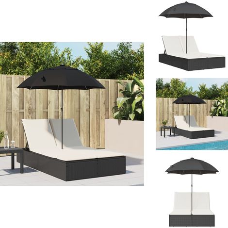 Chaise longue double et coussins et parasol noir résine tressée - Chaises Longues Doubles - Transats - Lit De Bronzage - Mobilier De Jardin - Chaises Extérieures (1/5)