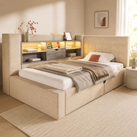 Letto singolo 90x200 cm in tessuto beige con contenitore LED, senza materasso - FLORAGRACE (1/5)