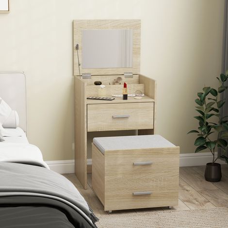 Coiffeuse à miroir rabattable avec tiroirs et tabouret, bois et tissu lin, teinte bois naturel (1/5)