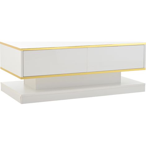 Tavolino da caffè lucido 100 x 50 x 38 cm con 2 cassetti, bianco caldo con bordo oro, in truciolato (1/5)