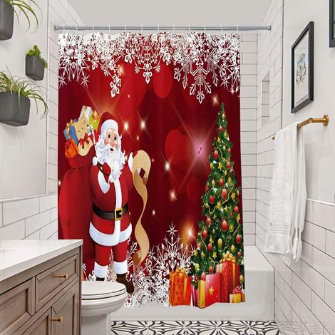Ensemble rideau de douche bleu de Noël, décorations de sapin de Noël, Père Noël sous un ciel étoilé, rideau de bain en tissu avec crochets, 183 x 183 cm (1/5)