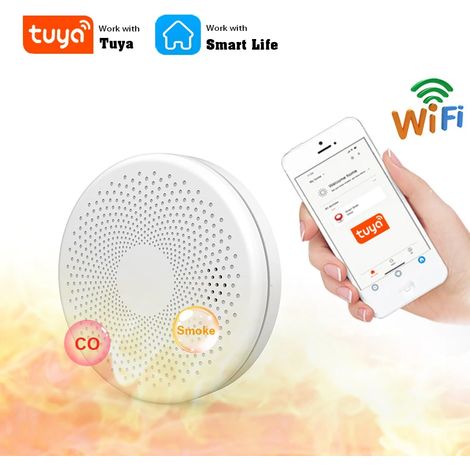 Détecteur de monoxyde de carbone et de fumée Tuya intelligent WiFi 2 en 1 avec alarme sonore et détecteur de mouvement PIR pour salon, cuisine et magasin. (1/5)