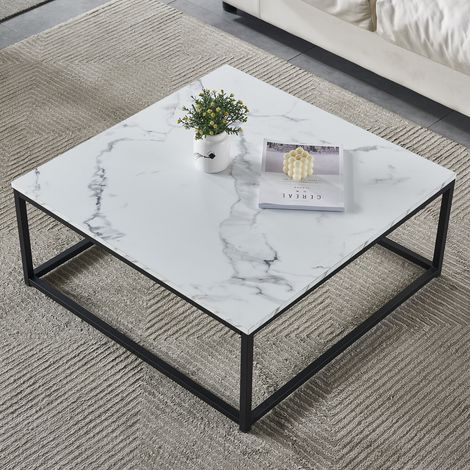 Meubles Cosy – Table basse carrée 80x80cm – Plateau en MDF finition marbre – Structure en acier noir mat – Charge jusqu'à 100kg – Montage rapide