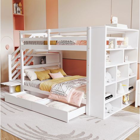 Lit superposé moderne 90x200 cm en bois blanc avec escalier de rangement, tiroirs, grand placard et sommier à lattes (1/5)
