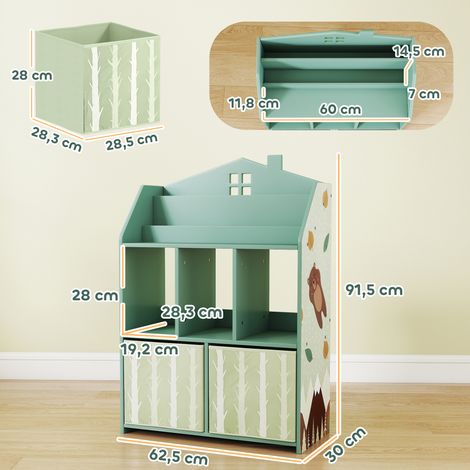 Bibliothèque pour enfants avec 2 tiroirs en tissu, étagère ouverte pour les 3-8 ans, 62,5 x 30 x 91,5 cm, verte