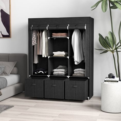 Armoire tissu noire avec 2 barres de penderie, 5 étagères ouvertes et 3 tiroirs, rangement gain de place pour chambre, salon ou cave, sans vis - CHICFURN (1/5)