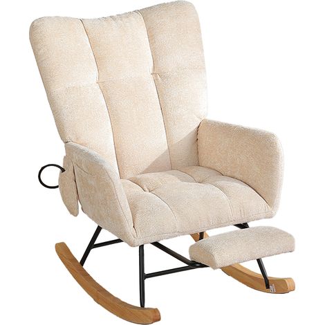 Silla mecedora de interior en chenilla beige con respaldo alto y reposapiés, MODENUIT (1/5)