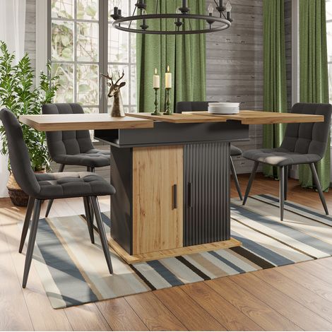 Mesa de comedor extensible 110-140x80x75 cm negro y natural en MDF con almacenaje integrado (1/5)