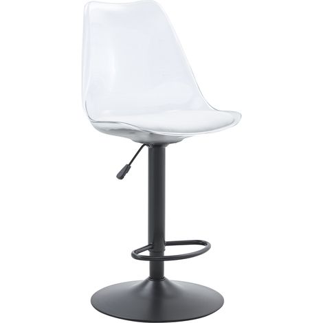 CAIziEnsemble de 2 tabourets de bar modernes réglables, avec dossiers en plastique transparent et assises en cuir PU, pieds en métal noir. Hauteur réglable et pivotants à 360°, adaptés aux cuisines, b
