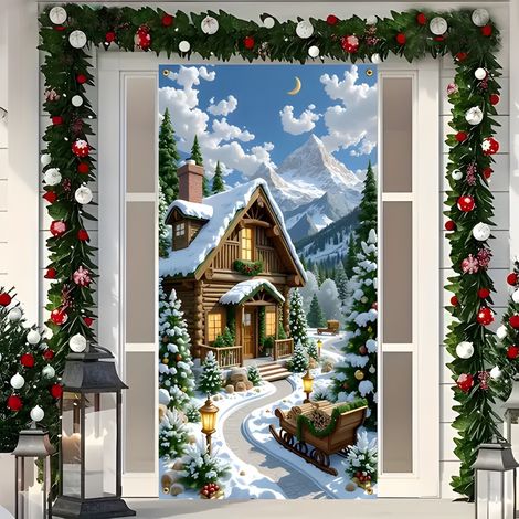 Nouvelle décoration de porte de Noël, motif Père Noël, pour jardin, cour ou extérieur - 90 x 180 cm (perforée + ruban) - 9