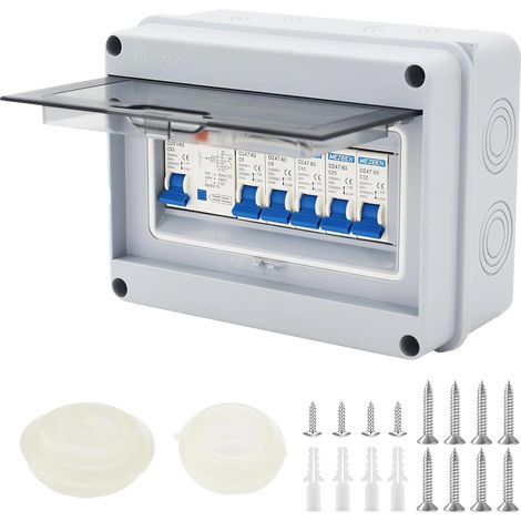 Boîte à fusibles 5 voies - Montage en saillie : IP65 - Petit distributeur étanche - En saillie avec disjoncteur - Pour atelier, bureau, garage - 63 A 30 mA RCD 4MCB - 2 x 6A+10A+20A+32A (1/5)