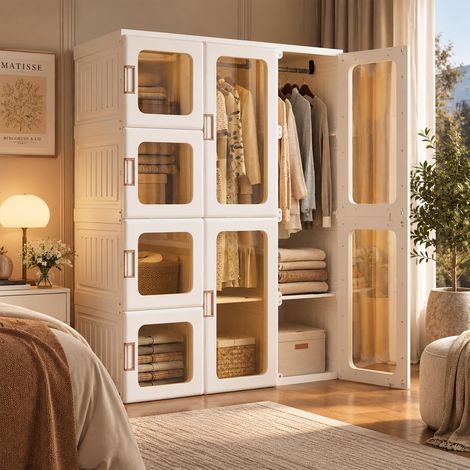 Armoire pliante 104×50×136 cm – portes transparentes – 12 casiers – 2 penderies - petits espaces (1/5)