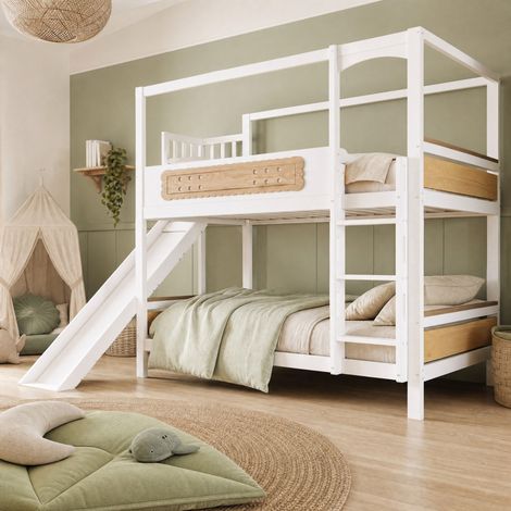 Letto a castello per bambini 90 x 200 cm con scivolo, ampia scala e struttura a casetta, legno (1/5)