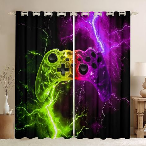 Rideau de jeu pour la décoration de la maison, garçons jeux vidéo flamme, manette de jeu imprimée, rideaux de fenêtre pour filles et garçons, vert violet flash décoration salle de jeux - 260x140cm (Hx (1/5)