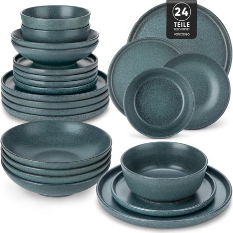 Service de Table Vaisselle de La Table en Grès, Service Vaisselle avec Assiettes Plates, Assiettes à Dessert, Bols, Bols à pâtes, Bleu-Vert Fumé (1/5)