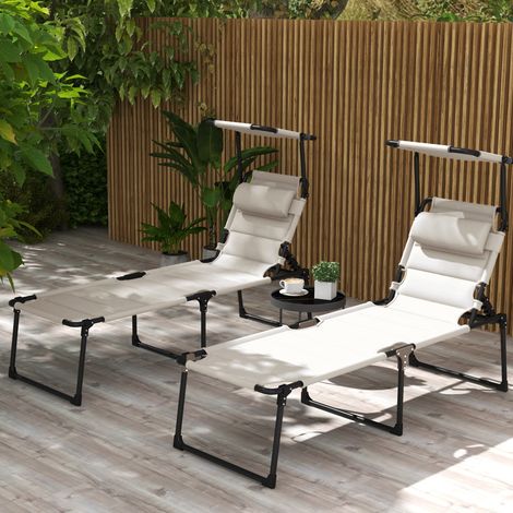 Lot de 2 Bains de soleil transats pliables grand confort dossier pare-soleil réglables multi-positions. crème