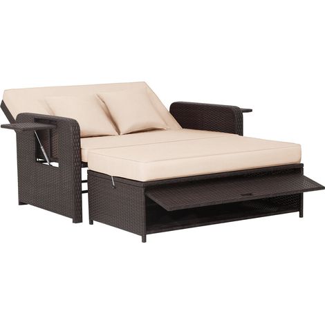 Bain de soleil 2 places marron en rotin avec dossier 4 positions, coussins et tablettes escamotables pour terrasse (1/5)
