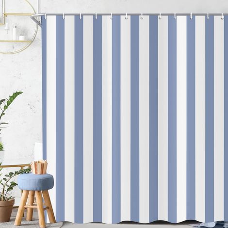 Rayé Rideau de Douche 180x200 cm, Moderne Minimaliste Japonais Style Bleu et Blanc Verticale Rayures Imperméable Bain Rideau Textile Lavable Rideaux Douche pour Baignoire avec 12 Crochets (1/5)