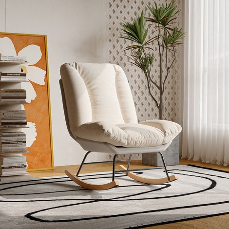 Schaukelstuhl aus Leinen 62cm, verstellbare Neigung, natürliche Massivholzbeine und bequeme Rückenlehne, Freizeit-Schaukelstuhl im skandinavischen Stil für Wohnzimmer, Schlafzimmer, Balkon, Beige (1/5)