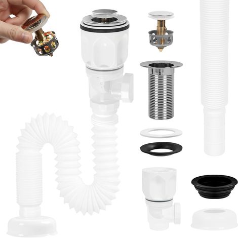 Kit de vidange pour lavabo, tuyau de vidange flexible en P avec bouchon à ressort, pour lavabos avec trous de 1-1/4 po et 1-1/2 po (1/5)