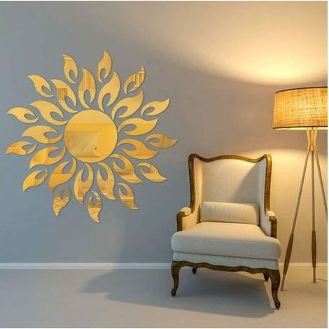 Autocollant mural miroir 3D tournesol, autocollant mural motif soleil, fleur ronde, tournesol, acrylique amovible (or) (1/4)