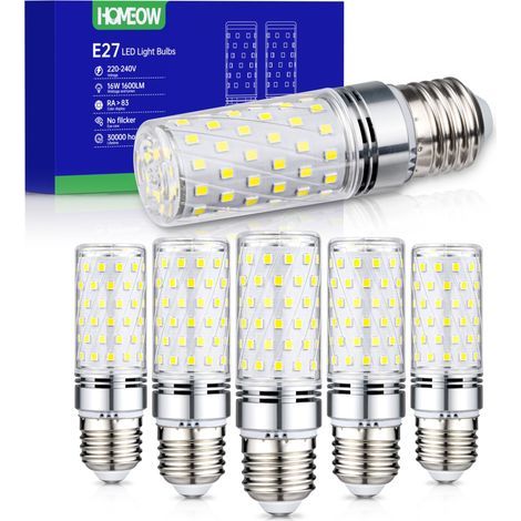 Lot de 6 ampoules LED E27 type maïs, 16 W équivalent à 150 W, blanc froid 6000 K, 1600 lm, économie d'énergie, 220-240 V CA, éclairage intérieur non dimmable
