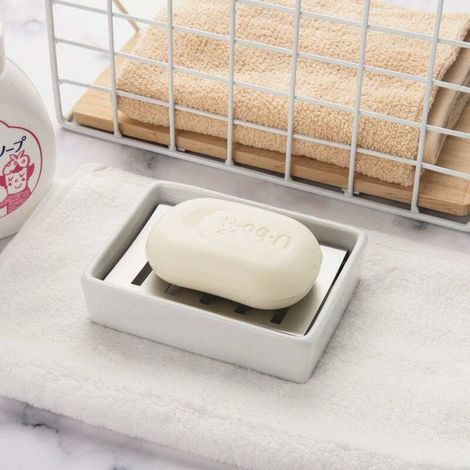 DEESSE SHOP - Porte-savon en céramique Blanc Porte-savon auto-videur Porte-savon double couche pour salle de bain Baignoire Douche Cuisine Éponge Porte-savon (1/5)